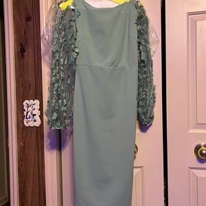 Floral sheer sleeve teal knee length dress from SHEIN with dress bag. Size 4